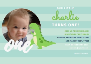 13 - Dino 1st Year Birthday PartyDino 1st Year: Printable: Dino Stripe 1st Birthday Invitation