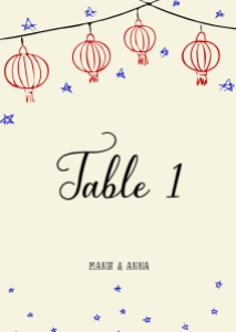 Table number card VN2 - A6: TABLE NUMBER CARD TEMPLATE ASIAN WEDDING WITH RED LANTERNS