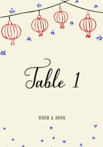 Table number card VN2 - A5: TABLE NUMBER CARD TEMPLATE ASIAN WEDDING WITH RED LANTERNS