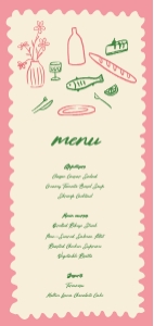 Menu card DL (1/3 A4) V05: PINK WEDDING MENU CARD TEMPLATE WHIMSICAL HAND DRAWN MENU CARD