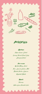 Menu card 4x9 V05: PINK WEDDING MENU CARD TEMPLATE WHIMSICAL HAND DRAWN MENU CARD