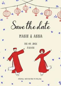 VIETNAM WEDDING SAVE THE DATE CARD WITH DANCING BRIDE AND GROOM design preview