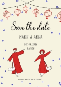 Save the date VN4 - A5: VIETNAM WEDDING SAVE THE DATE CARD WITH DANCING BRIDE AND GROOM