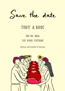 Save the date VN5 - 5x7: VIETNAM WEDDING SAVE THE DATE CARD WITH BRIDAL PROCESSION RED BOX
