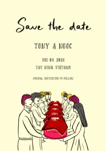 Save the date VN5 - A5: VIETNAM WEDDING SAVE THE DATE CARD WITH BRIDAL PROCESSION RED BOX