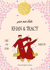 Save the date VN6 - 5x7: VIETNAM WEDDING SAVE THE DATE CARD WITH DANCING BRIDE AND GROOM