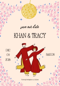Save the date VN6 - A5: VIETNAM WEDDING SAVE THE DATE CARD WITH DANCING BRIDE AND GROOM