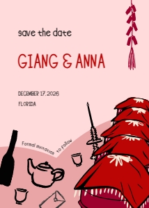 Save the date VN7 - 5x7: VIETNAM WEDDING SAVE THE DATE CARD WITH BRIDAL PROCESSION RED BOX