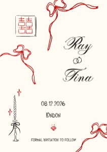Save the date VN8 - A5: ASIAN WEDDING SAVE THE DATE CARD WITH RED BOW DOUBLE HAPPINESS