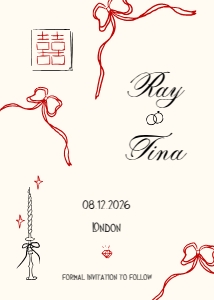 Save the date VN8 - 5x7: ASIAN WEDDING SAVE THE DATE CARD WITH RED BOW DOUBLE HAPPINESS