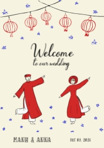 Welcome sign VN4 - A1: VIETNAM WEDDING WELCOME SIGN TEMPLATE OF COUPLE DANCING IN AO DAI