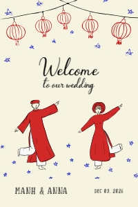 Welcome sign VN4 - 24x36: VIETNAM WEDDING WELCOME SIGN TEMPLATE OF COUPLE DANCING IN AO DAI