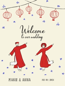 Welcome sign VN4 - 18x24: VIETNAM WEDDING WELCOME SIGN TEMPLATE OF COUPLE DANCING IN AO DAI