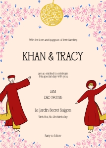 Wedding invitation VN6 - 5x7: VIETNAM WEDDING INVITATION WITH HAPPY GROOM AND BRIDE IN AO DAI
