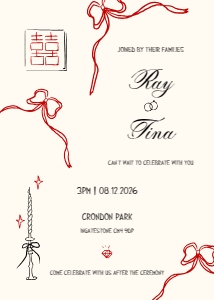 Wedding invitation VN8 - 5x7: MINIMAL WHIMSICAL ASIAN WEDDING WITH RED BOW AND DOUBLE HAPPINESS