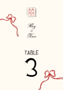 Table number card VN4 - A5: ASIAN TABLE NUMBER CARD TEMPLATE RED BOW DOUBLE HAPPNIESS SYMBOL