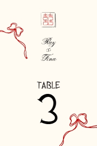 Table number card VN4 - 4x6: ASIAN TABLE NUMBER CARD TEMPLATE RED BOW DOUBLE HAPPNIESS SYMBOL