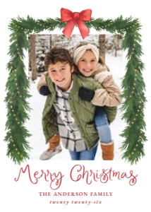 Whimsical Red Bow Garland Year in Review Christmas Photo Card design preview