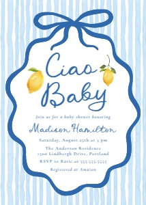 Ciao Baby Blue Italian Lemon Baby Shower Invitation design preview