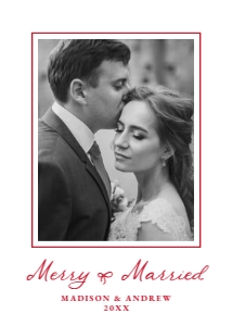 Elegant Merry and Married Red Bow Newlywed Christmas Photo Card design preview