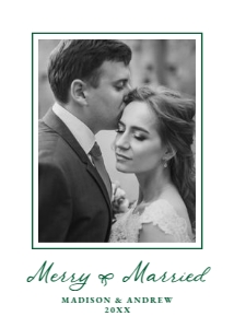 Elegant Merry and Married Green Bow Newlywed Christmas Photo Card design preview