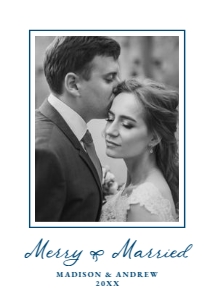 Elegant Merry and Married Navy Bow Newlywed Christmas Photo Card design preview