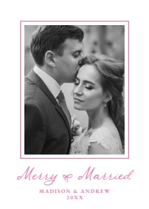 Elegant Merry and Married Pink Bow Newlywed Christmas Photo Card design preview