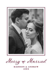 Elegant Merry and Married Burgundy Bow Newlywed Photo Card design preview