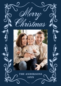 Elegant Holly Border Navy 5 Photo Christmas Card design preview