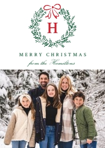 Elegant Red Bow Christmas Wreath Monogram 4 Photo Holiday Card design preview