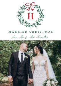 Elegant Married Christmas Wreath Monogram 4 Photo Holiday Card design preview