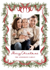 Elegant Red Bow Watercolor Greenery 5 Photo Holiday Card Template design preview