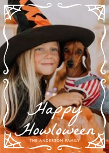 Whimsical Spiderweb Frame Dog Halloween Photo Card Template design preview