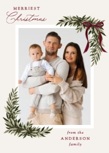 Elegant Burgundy Bow Watercolor Greenery Christmas Photo Card design preview