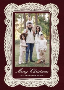 Elegant Burgundy Vintage Lace Christmas Photo Card Template design preview