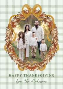Rustic Autumn Wreath with Bow Green 4 Photo Thanksgiving Card design preview