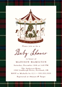 Vintage Christmas Carousel Tartan Baby Shower Invitation Template design preview