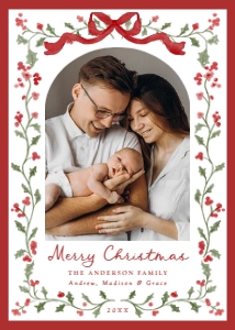 Elegant Watercolor Red Bow Holly Christmas Photo Card Template design preview