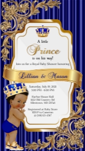 Royal Blue and Gold Little Prince Baby Shower Invitation design preview