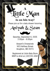 Black and Gold Little Man Baby Shower Invitation design preview