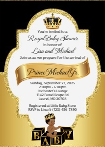 Black and Gold Little Prince Baby Shower Invitation design preview