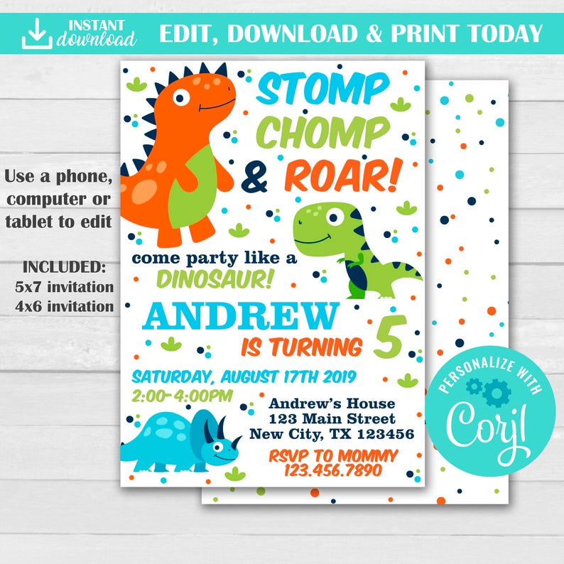 Dinosaur Birthday Invitations Edit & Print Templates Corjl