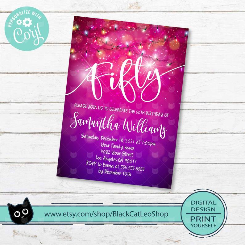 Chalk Watercolour Purple Gold 50th Personalised Birthday Party Invitations