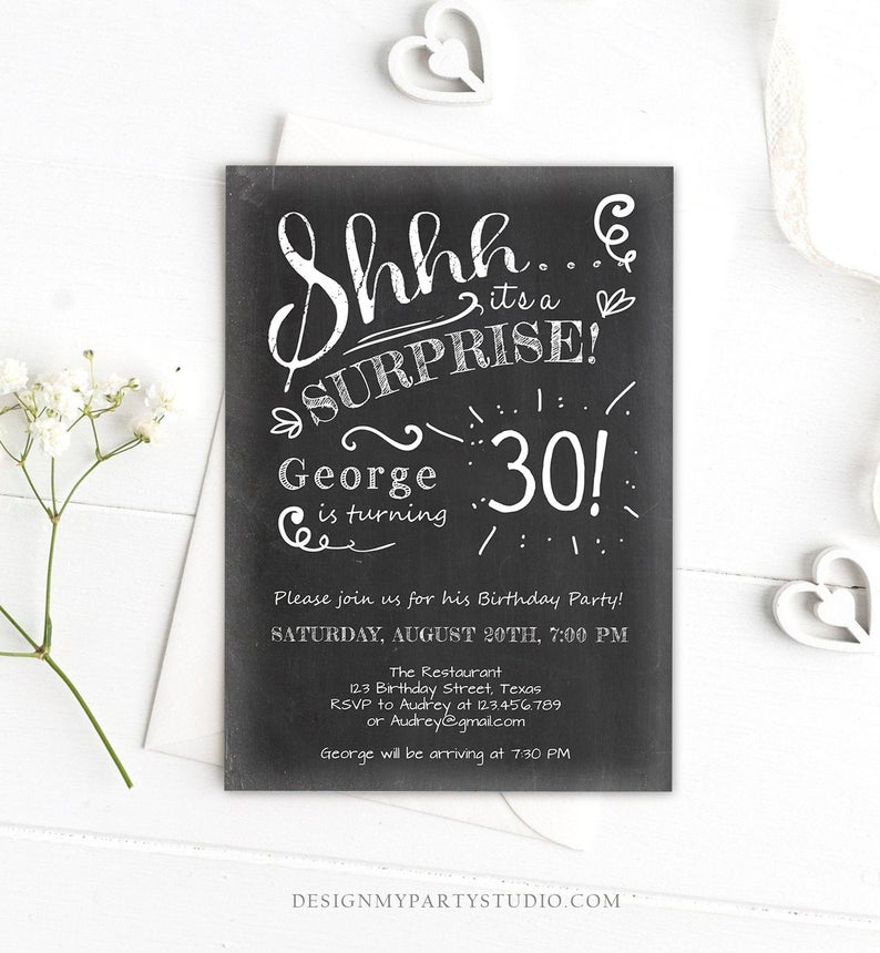 Black White Silver Purple Flower 30th Personalised Birthday Party Invitations 