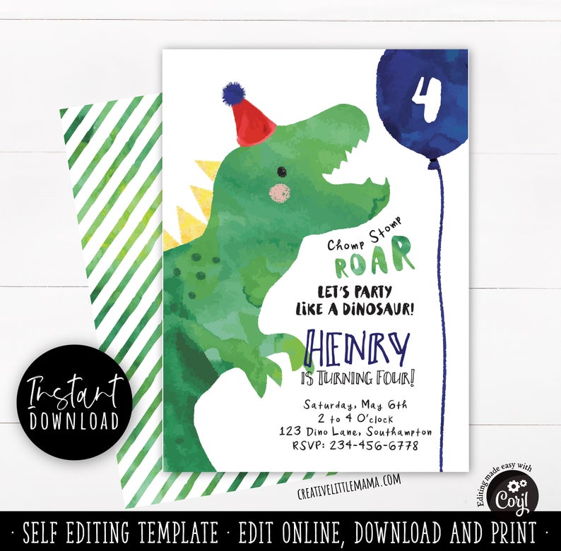 Cute Instant Download Digital Printable Template Customizable in Canva Pastel Watercolor Editable Dinosaur Birthday Party Invitation