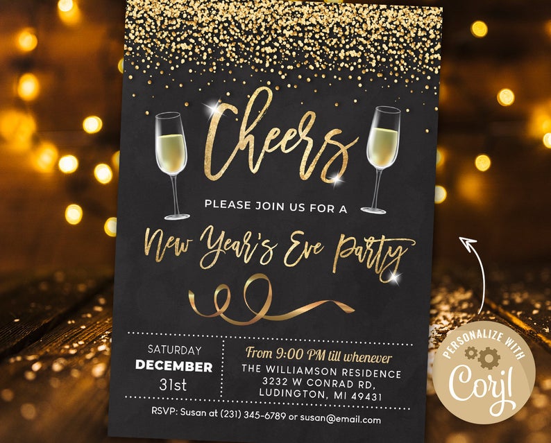 Eve Black Gold NYE Party Place Cards New Year's Eve Party Place Cards New Years Dinner Editable Printable New Years Party Place Cards