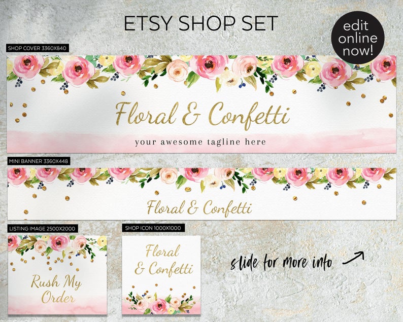 Blush Flowers Etsy Shop Banner Set w big shop icon- Pink Vintage floral antique peony rose petal mini and receipt banners; listing cover