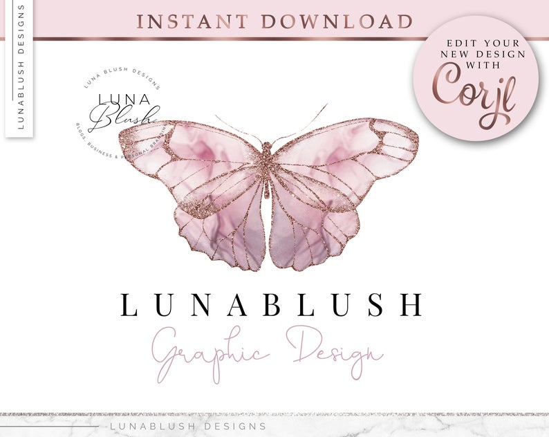 Logo Design Branding Package Premade Graphics Custom Text Butterfly Pink Purple Watercolor Circle