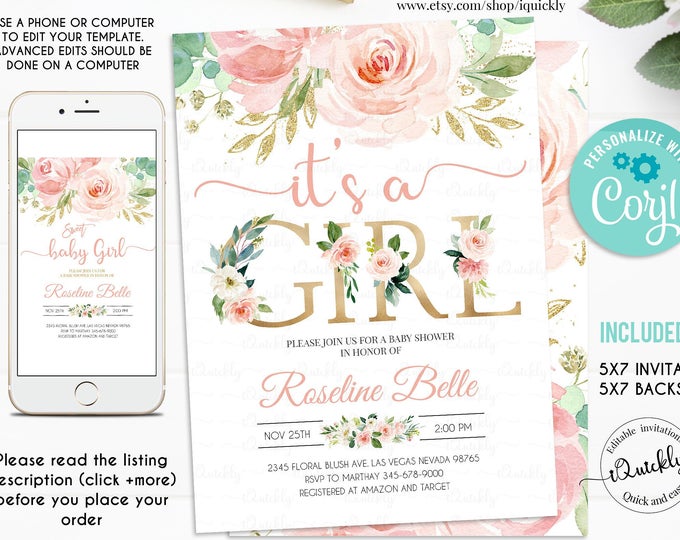 EDITABLE Invitation Blush Pink Floral Baby Shower Invitation It’s a girl Printable Baby Shower Invite Template, Sweet Girl Instant Download