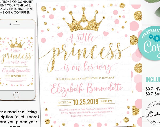 Editable Princess Baby Shower Invitation, Pink and Gold Little Princess Invitations, Gold Girl Invite, Instant Download Template Digital
